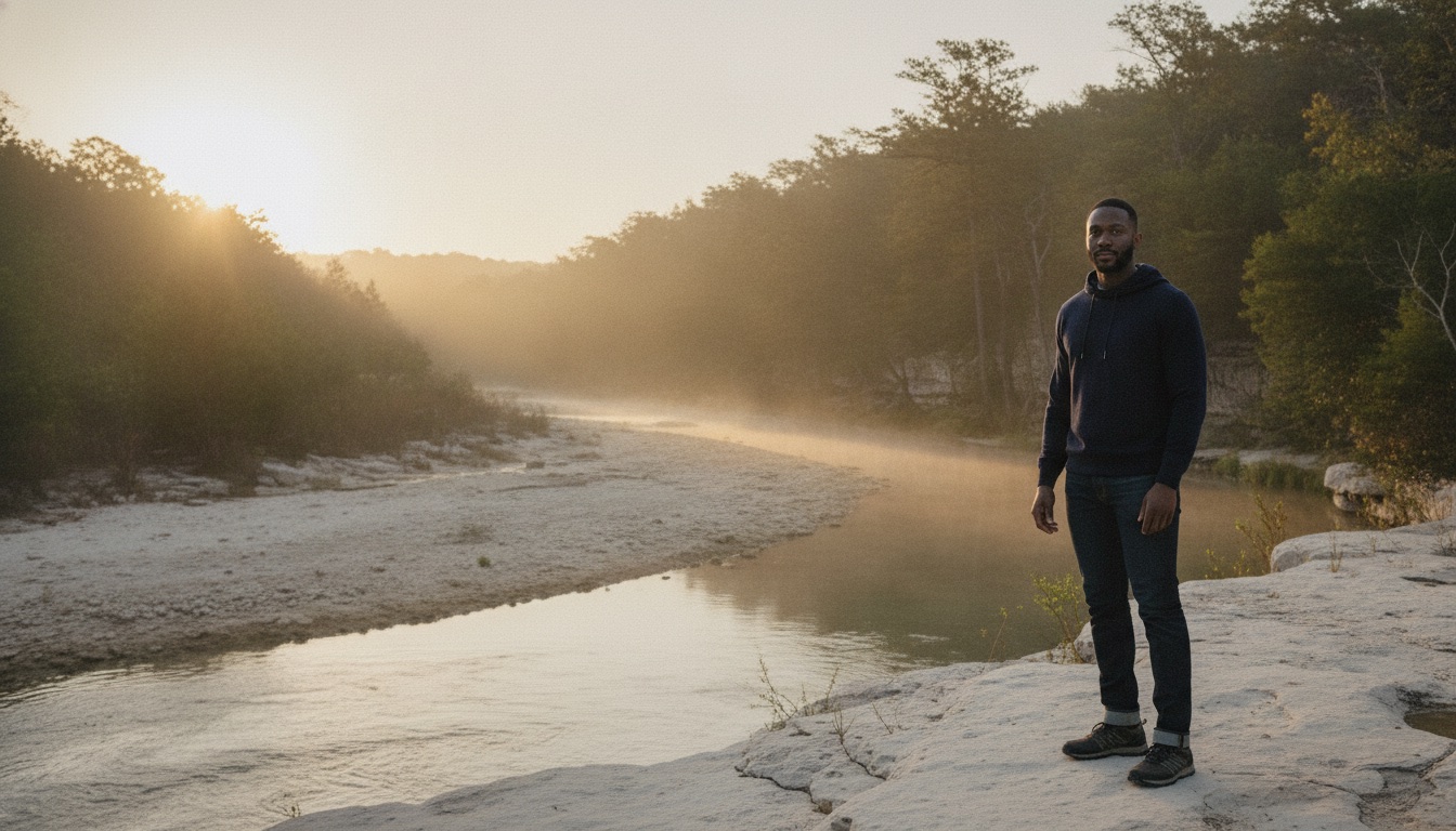 Marcus Bell standing on a limestone ledge above a creek at sunrise