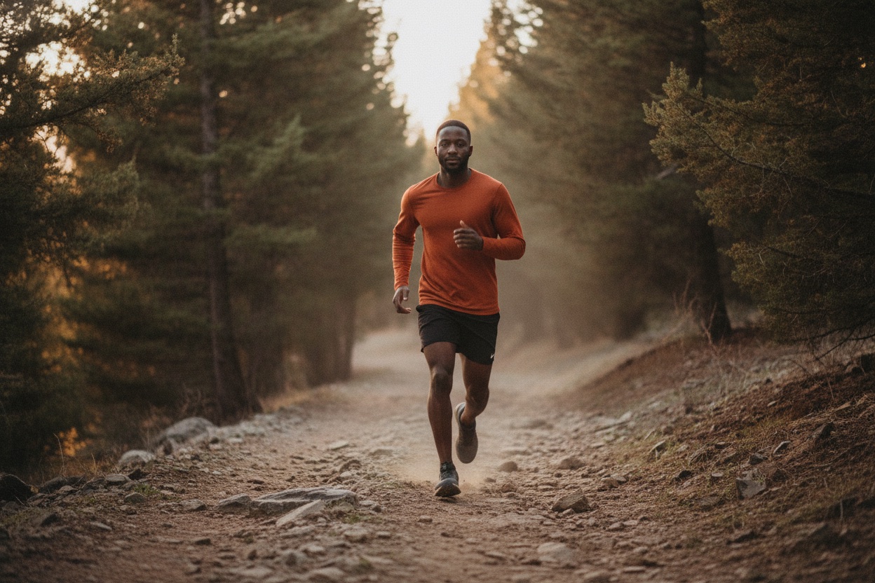 Marcus running toward the camera on a rocky trail through pines in early light