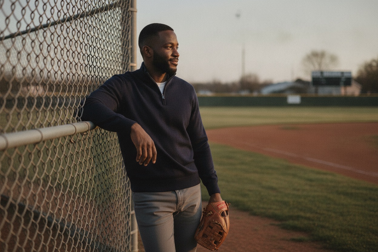 Marcus leaning on the backstop of an empty ball field at dawn, an old glove in his hand